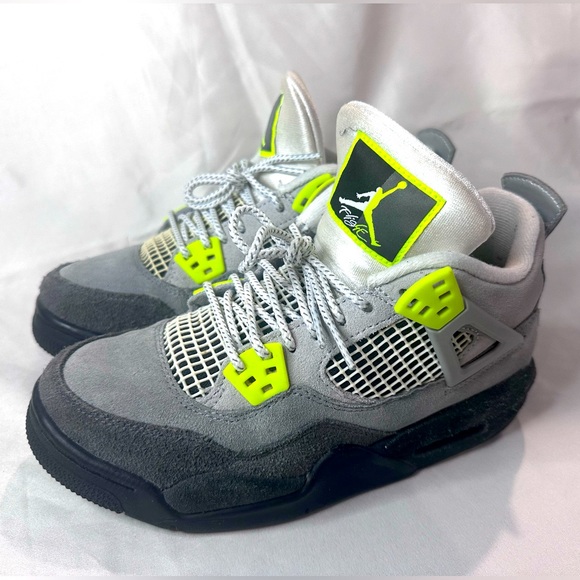 Suede Jordan 4’s Big Kid’s Sz. 4.5y charcoal grey and volt colorway